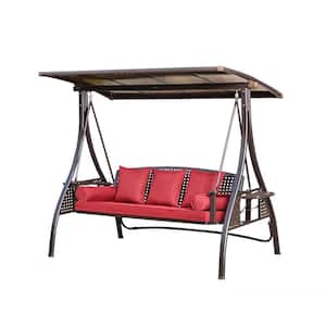 3-Person Metal Outdoor Patio Porch Swing with Red Thicken Cushion, Pillows and Cup Holders