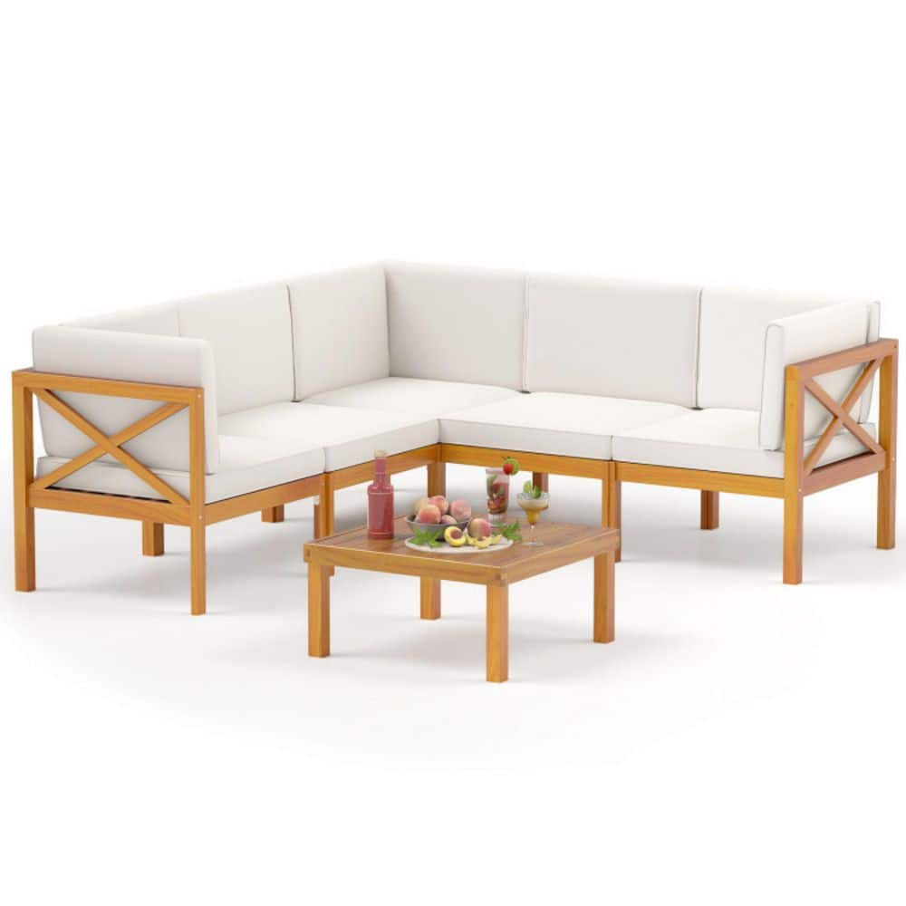 Acacia Wood Outdoor Sectional Set with Off-White Cushions