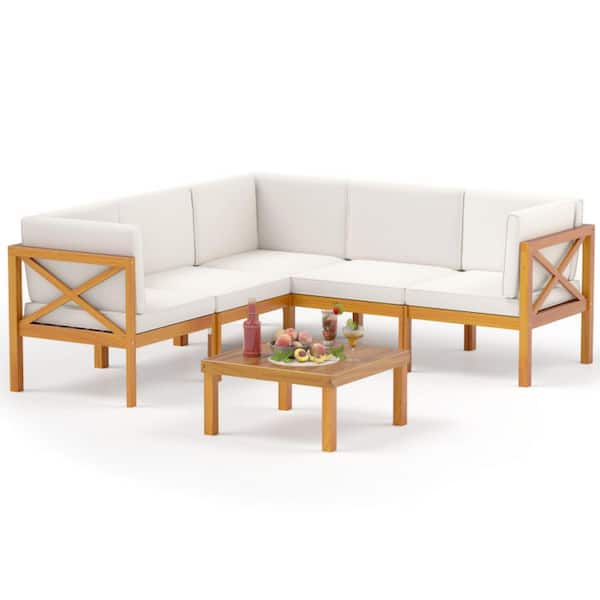 Kadehome Outdoor 6-Piece Acacia Wood Patio Sectional Furniture Set with Cushion in Off White
