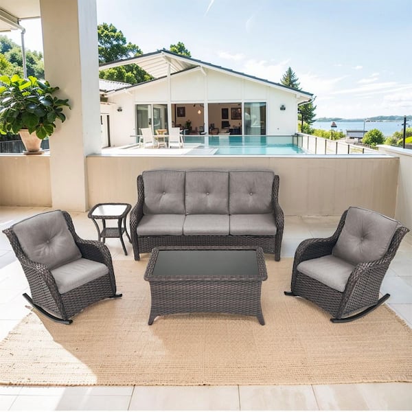 Gymojoy Carlos 5-Piece Brown Wicker Patio Conversation Set with Rocking Chairs, Gray Cushions and Side Table
