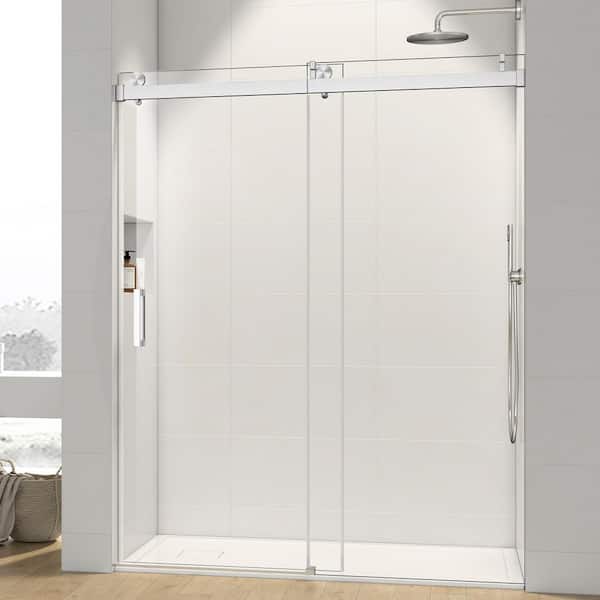 60 in. W x 76 in. H Sliding Frameless Shower Door with Tempered Glass, Brushed Nickel