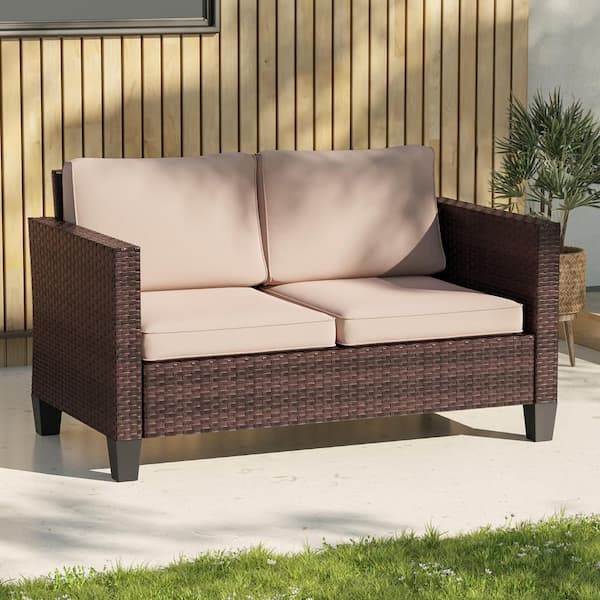 All-Weather Metal Frame Brown Wicker Outdoor Loveseat Patio Chaise Lounge with Sand Cushions