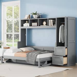 Gray Multifunctional Wood Frame Full Size Murphy Bed with Closet and Drawers