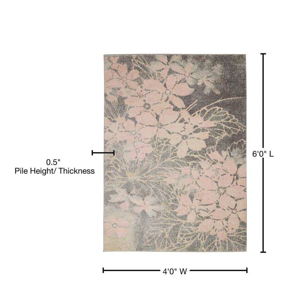 Grey and Pink Floral Synthetic 4' x 6' Area Rug
