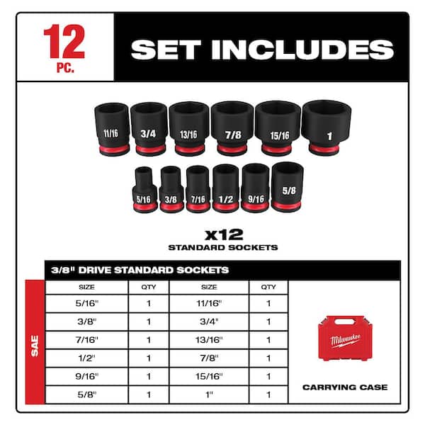 Milwaukee SHOCKWAVE 3/8 in. Drive SAE 6 Point Impact Socket Set (12-Piece)