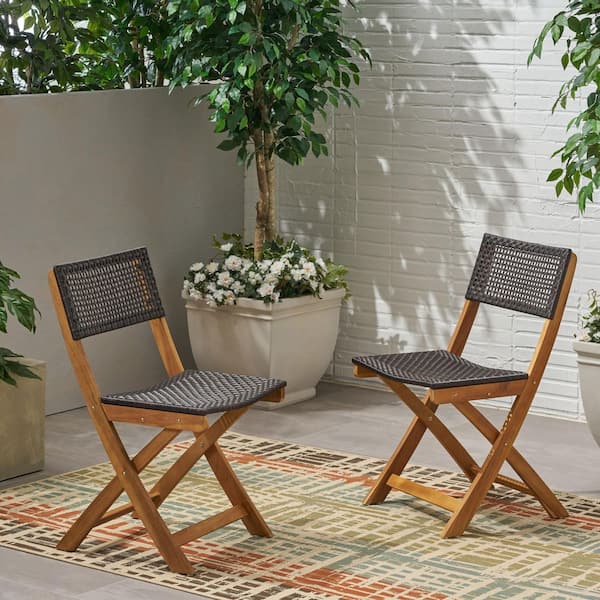 Harper & Bright Designs Teak Acacia Wood Folding Lawn Chair, Bistro Chair with Brown Wicker Seat (Set of 2)