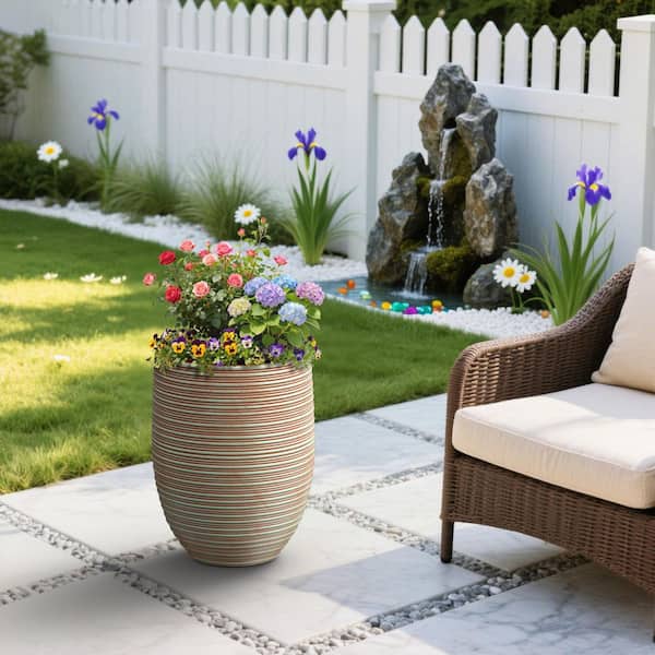 17 in.W x 21.5 in.H Tall Round Concrete Teal Striped Flower Planter Large Handcrafted Plant Pot with Drainage Holes