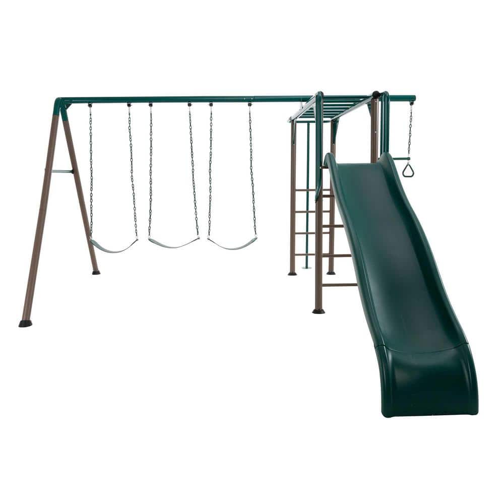 Green and Brown Metal Monkey Bar Swing Set with Slide