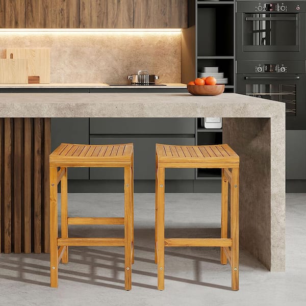 Gymax Set of 2 Acacia Wood Bar Stool 30-Inch Height Bar Chair with Saddle Shaped Seat