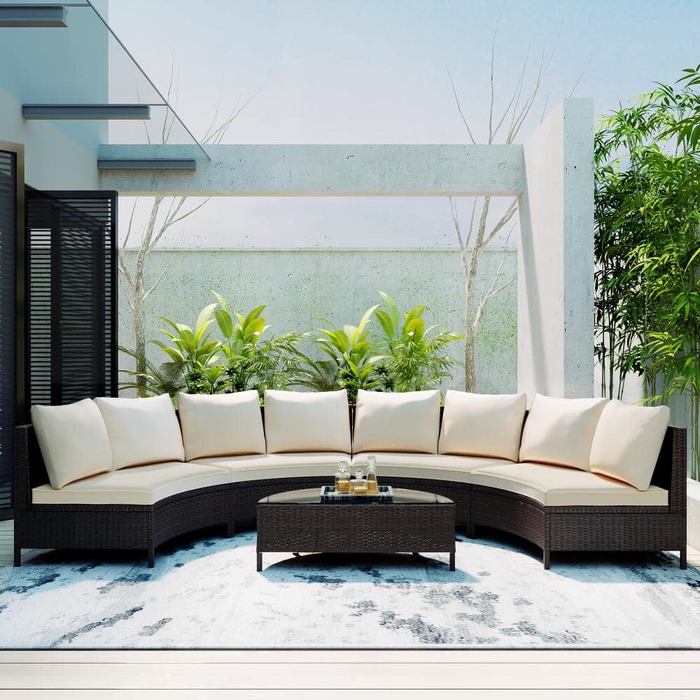 5-Piece Patio Conversation Set with Beige Cushions and Tempered Glass Table