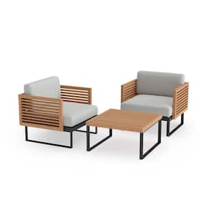 Monterey 3 Piece Aluminum Teak Outdoor Patio Conversation Set with Cast Silver Cushions and Coffee Table