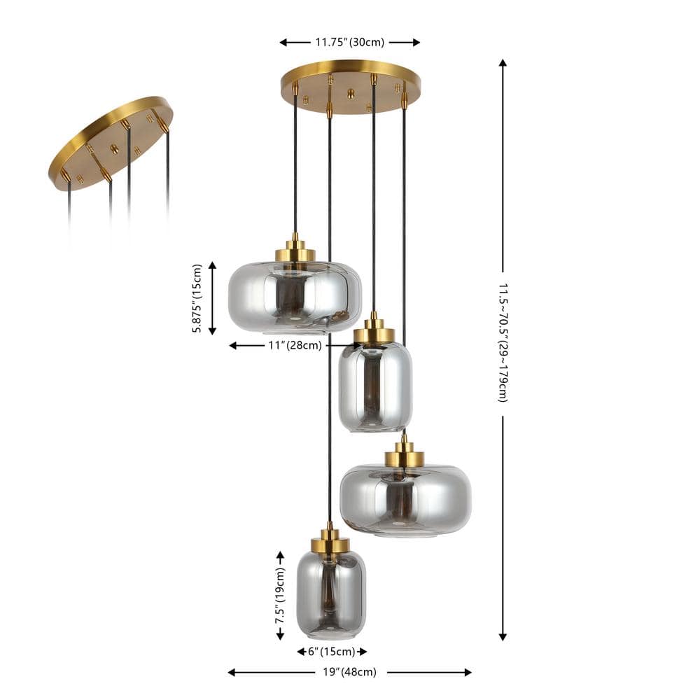 Equinox 4-Light 71" LED Smoke Grey Glass Pendant with Brass Hardware