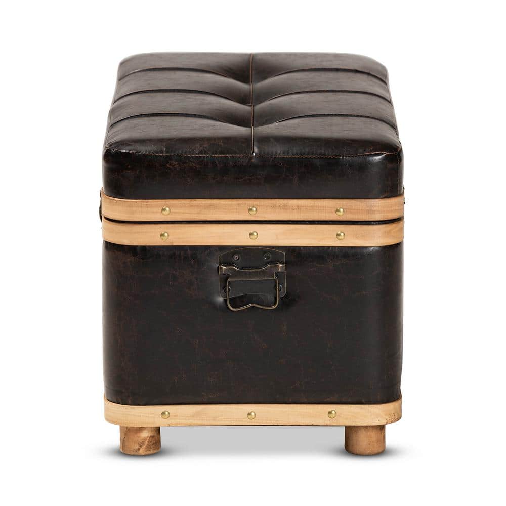 Dark Brown Faux Leather Tufted Storage Footstool with Oak Wood Bands