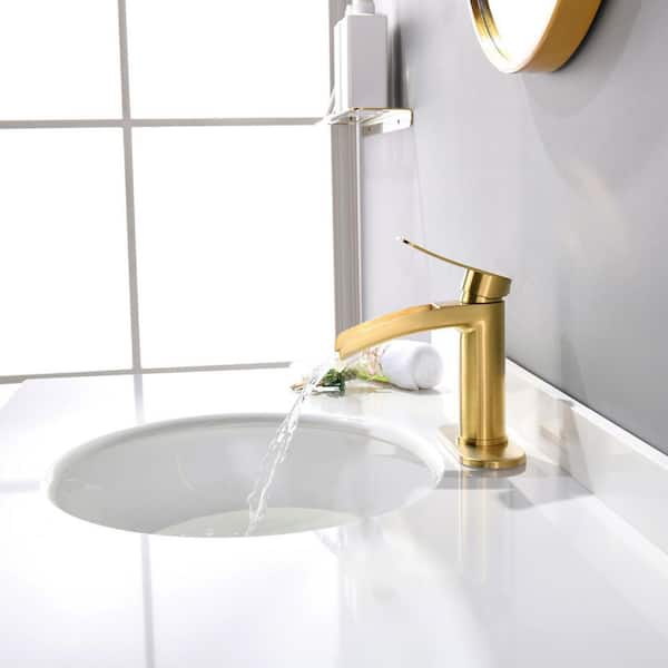 Single Handle Waterfall Faucet for Bathroom Sink in Brushed Gold Finish