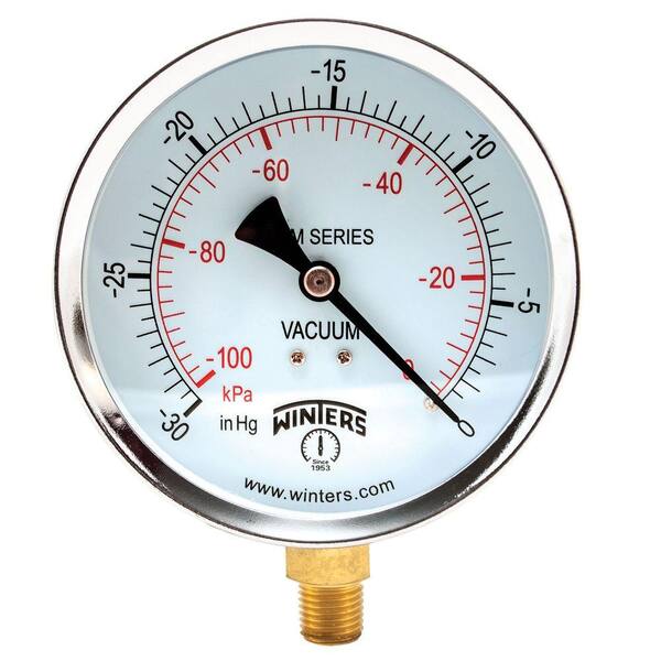 Winters Instruments PEM Series 4 in. Black Steel Case Brass Internals Pressure Gauge with 1/4 in. NPT LM and Range of 30 in. Vac/kPa