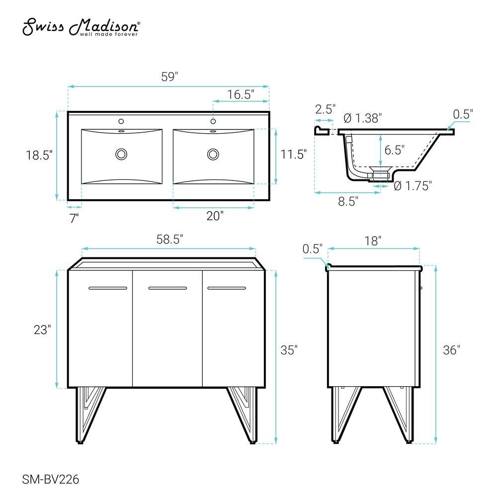 Annecy 60" Black Walnut Double Sink Freestanding Bathroom Vanity
