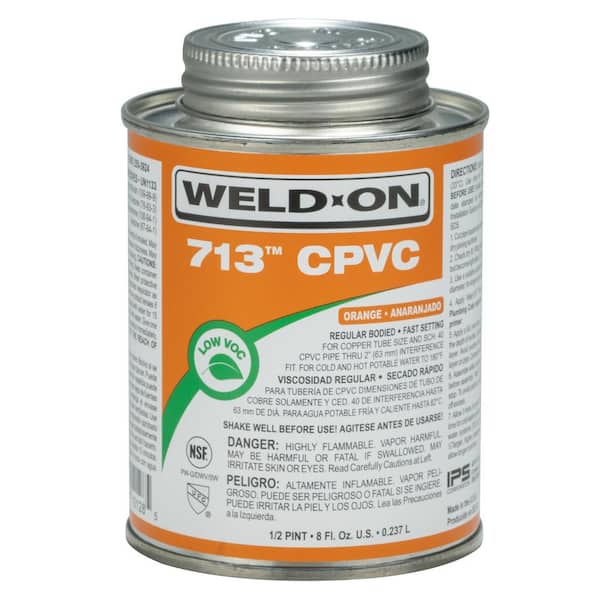 713 CPVC Solvent Cement, Orange, Low VOC, High Strength, Regular Bodied, Fast Setting, 1/2 Pint (8 oz.)