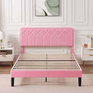 Bed Frame with Upholstered Headboard, Pink Metal Frame Queen Platform Bed with Strong Frame and Wooden Slats Support
