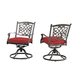 Cast Aluminum Outdoor Dining Chair Flower-Shaped Backrest Swivel Chairs Side Chair with Red Cushions (Set of 2)