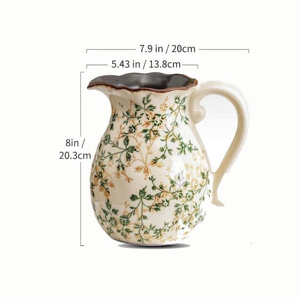 8 in. Beige Ceramic Chinoiserie Floral Pitcher Vase, Rustic