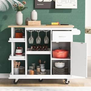 White Rubber Wood 40 in. Kitchen Island with Drawers, Side Storage Shelves, 5 Wheels, Wine Rack for Dining Room, Bar
