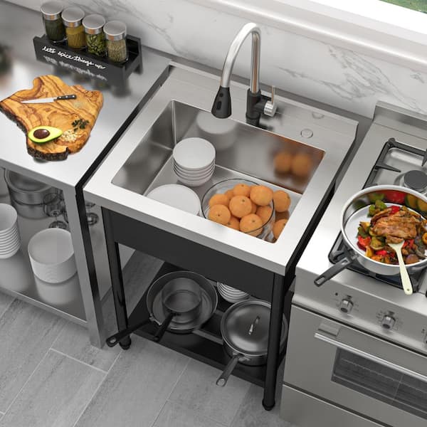24 in. Freestanding Stainless Steel 1-Compartment Commercial Laundry/Utility Sink with Pull-Out Faucet