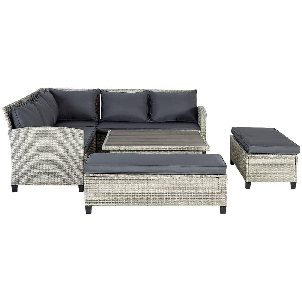 6-Piece Gray Rattan Wicker Outdoor Sofa Sectional Set with Gray Cushions, P