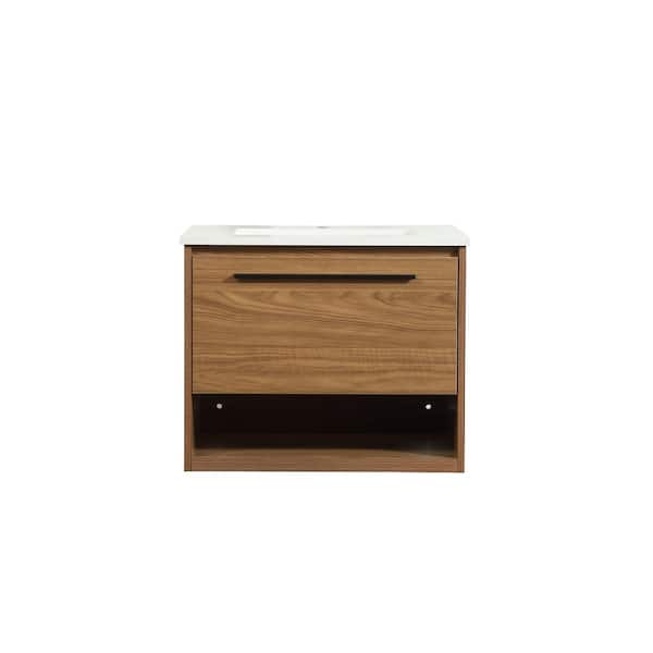 Unbranded Simply Living 24 in. Single Bathroom Vanity in Walnut Brown with Quartz Vanity Top in Ivory White