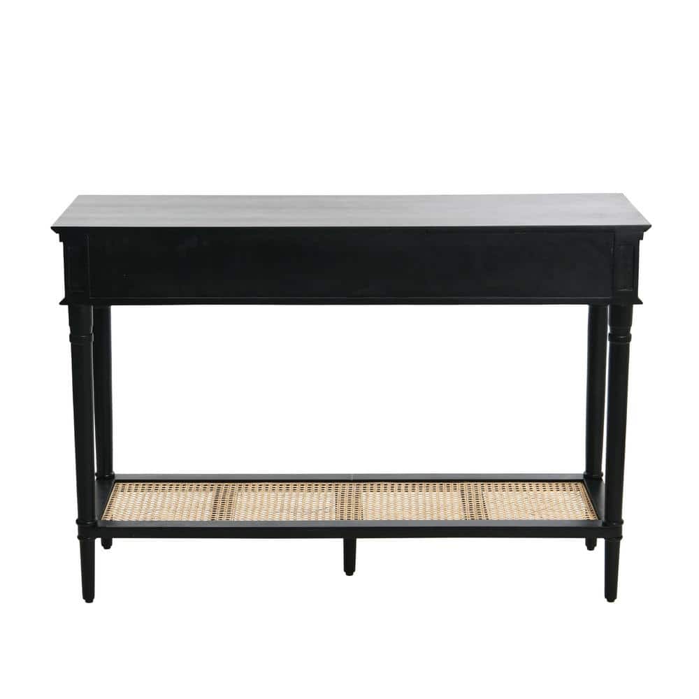 Black Acacia Wood Console Table with Cane Shelf and Storage