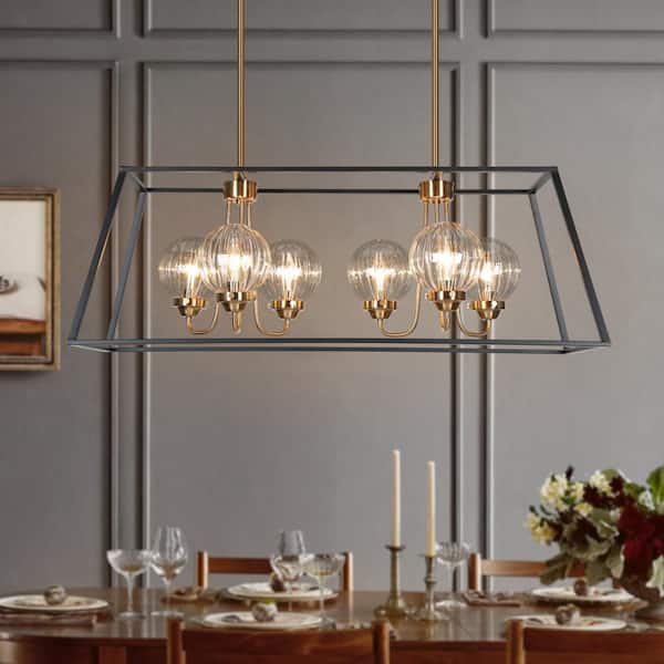 Transitional 33 in. 6-Light Rectangle Island Chandelier with Clear Ribbed Glass, Black and Brass Caged Large Chandelier