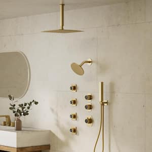 Multifunction Dual Shower System 12 in. 5-Spray Square High Pressure with Hand Shower in Brushed Gold (Valve Included)