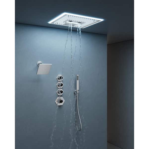 YAWWALK Thermostatic 17-Spray 16 and 6 in. Square LED Mood Lighting Bluetooth Music Shower System with Valve in Brushed Nickel