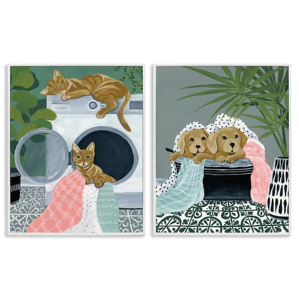 Stupell Industries Cats & Dogs Laundry Room by Yvette St. Amant 2-Pieces White Framed Animal Giclee Art Print 14 in. x 11 in.