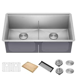 Kore 33 in. Undermount Double Bowl 16 Gauge Stainless Steel Kitchen Workstation Sink with Accessories