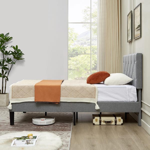 VECELO Upholstered Bed, Platform Bed with Adjustable Headboard, Wood Slat Support, No Box Spring Needed, Gray Twin Bed Frame THD-HBJT01GRYV1 VECELO Upholstered Bed, Platform Bed with Adjustable Headboard, Wood Slat Support, No Box Spring Needed, Gray Twin Bed Frame THD-HBJT01GRYV1