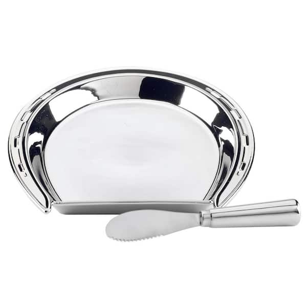 Certified International Derby Day at the Races 2-Piece Silver 3-D Horseshoe Cheese Platter and Knife Set