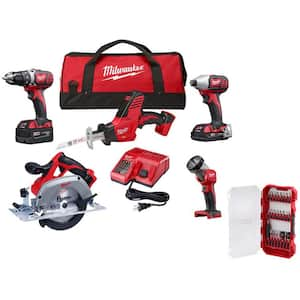 M18 18V Lithium-Ion Cordless Combo Kit (5-Tool) with (1) 3.0Ah and (1) 1.5Ah Battery, (1) Charger & Bit Set (25-Piece)