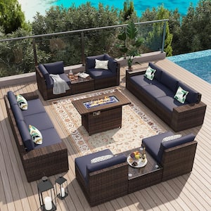 13-Piece Outdoor Fire Pit Patio Set, Patio Sectional Set with Fire Pit Table, Coffee Table, Blue Cushions, Set Covers