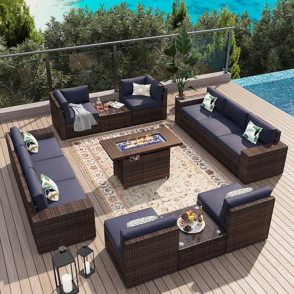 Sizzim 13-Piece Outdoor Fire Pit Patio Set, Patio Sectional Set with Fire Pit Table, Coffee Table, Blue Cushions, Set Covers