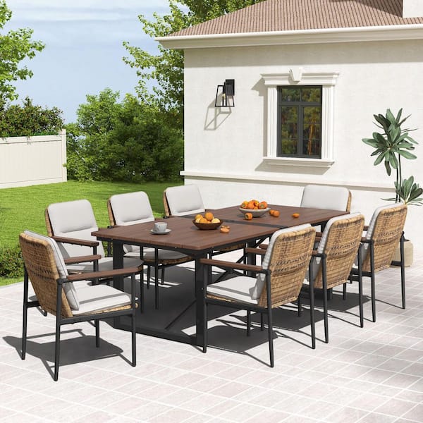 EGEIROSLIFE Grove Tranquil 9-Piece Aluminum Outdoor Dining Set with Wicker Chairs and Light Gray Cushions