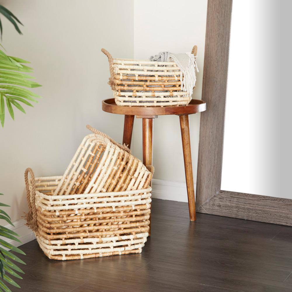 Natural Seagrass Rectangular Storage Baskets with Wooden Handles, Set of 3