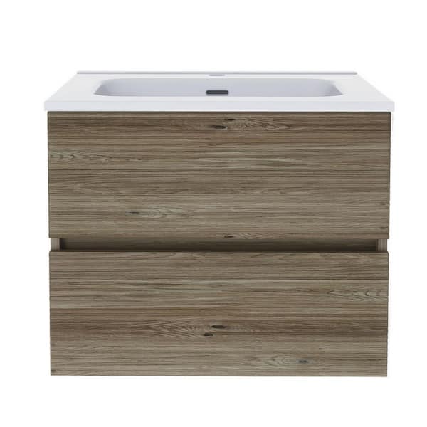 24.02 in. W x 18.31 in. D x 19.57 in. H Wall-Mounted Bath Vanity Set in Oak with White Ceramic Top