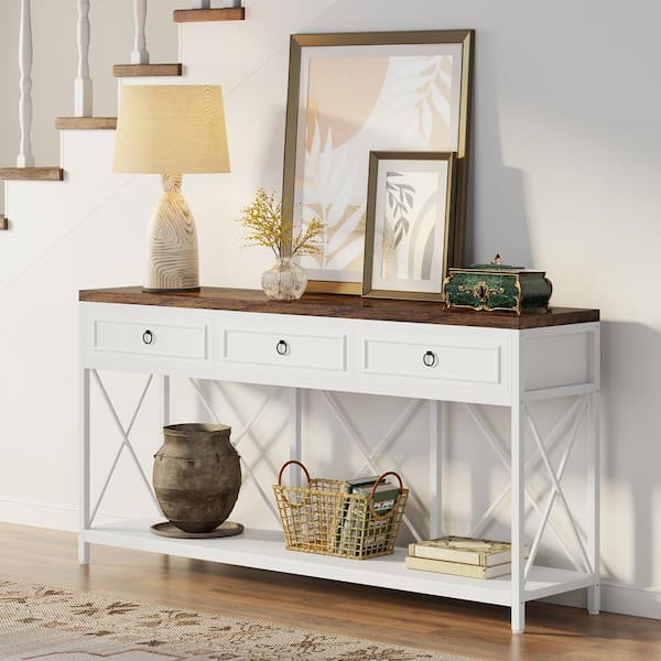 Turrella 70.8 in. Brown and White Rectangle MDF Sofa Console Table with 3-Drawers and Shelf for Entryway, Hallway