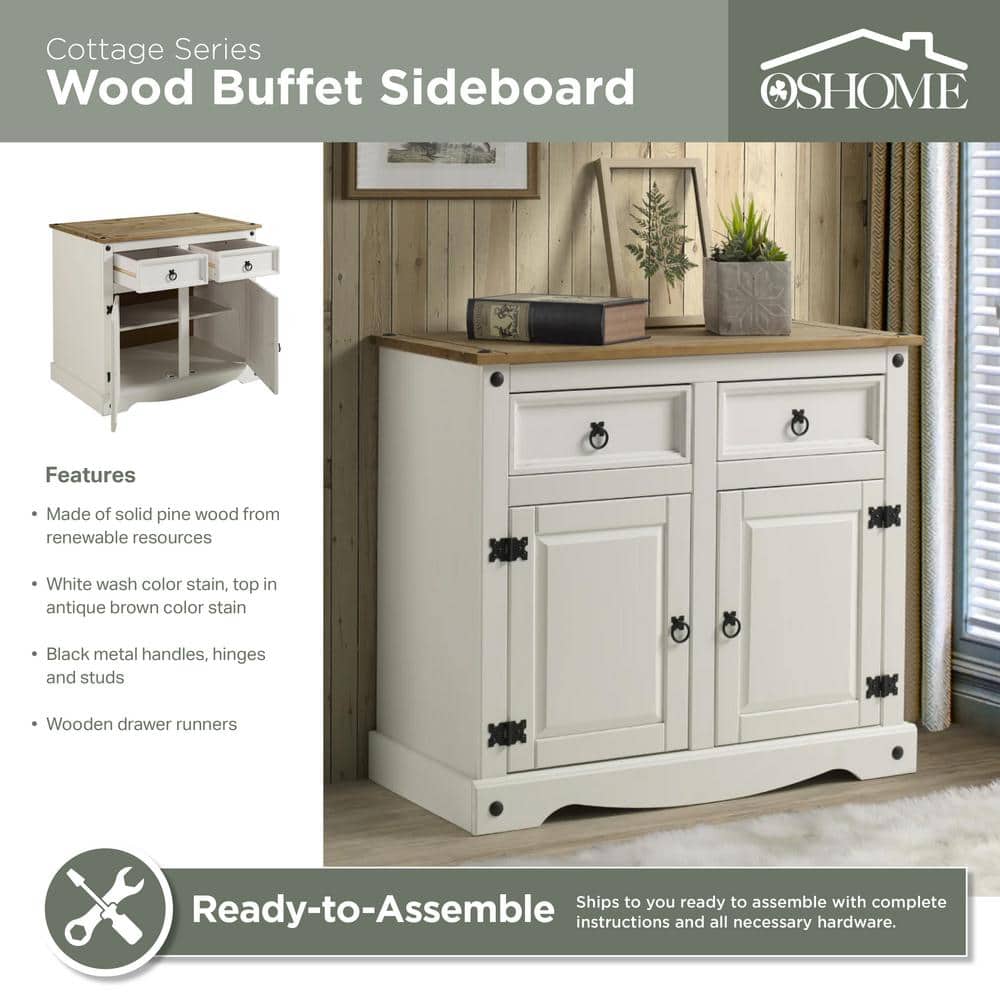 Sunnydaze White Pine Sideboard Cabinet with 2 Drawers and 2 Doors
