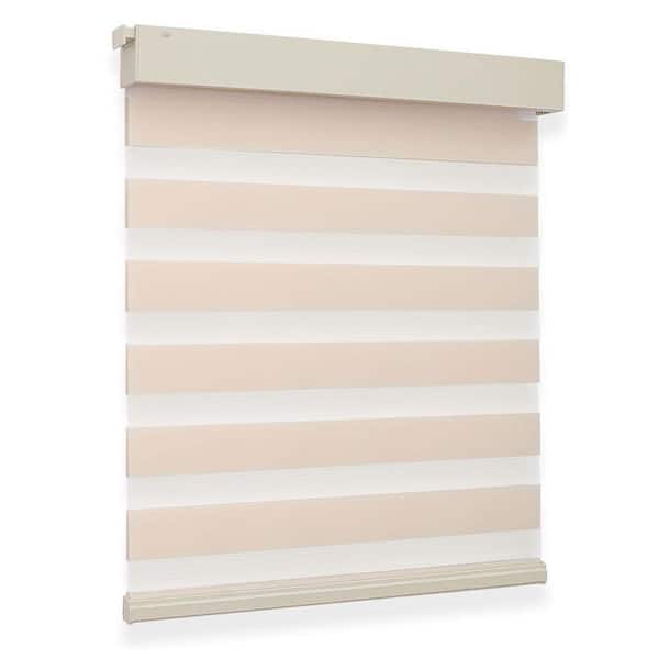 Beige Cordless No-Drill Polyester Light-Filtering Zebra Roller