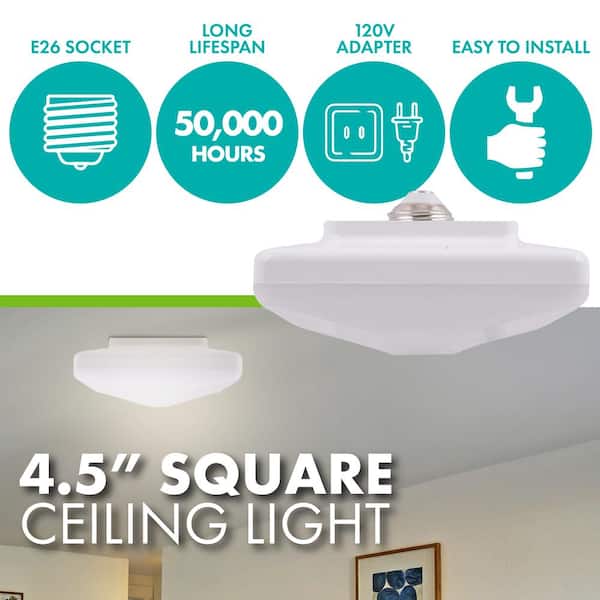 4.5 in. 60-Watt Square White Integrated LED Flush Mount with White Plastic Shade