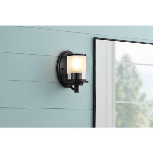 Hampton Bay Truitt 5 in. 1-Light Matte Black Modern Transitional Wall Sconce with Frosted and Clear Edge Glass Shade