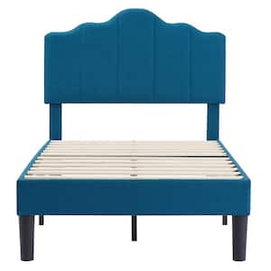 Platform Bed Frame, Blue Metal Frame Twin Size Platform Bed with Headboard Fabric Upholstered Wood Slat Support