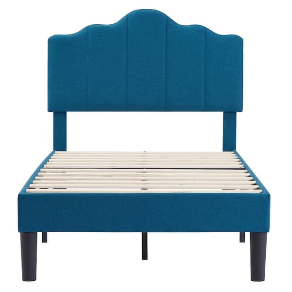 VECELO Platform Bed Frame, Blue Metal Frame Twin Size Platform Bed with Headboard Fabric Upholstered Wood Slat Support