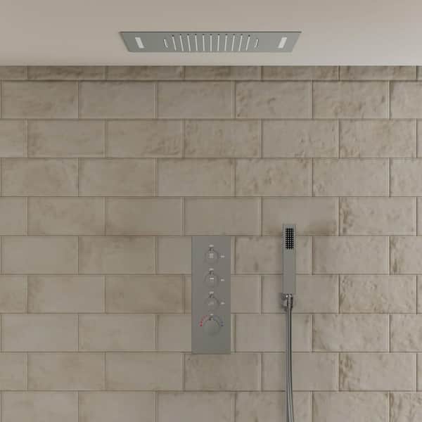 LED Thermostatic Quadruple Handle 7-Spray 23 x 15 in. Shower Faucets 2.5 GPM / Anti Scald Waterfall in. Brushed Nickel